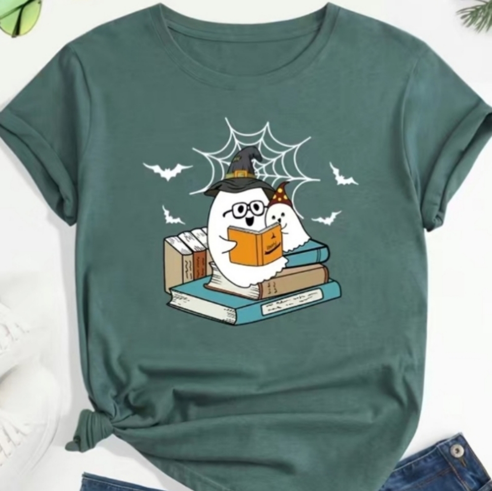Ghosts Reading Books Tee  Shirt Halloween Goth Dk Green Graphic T-shirt NEW NWT